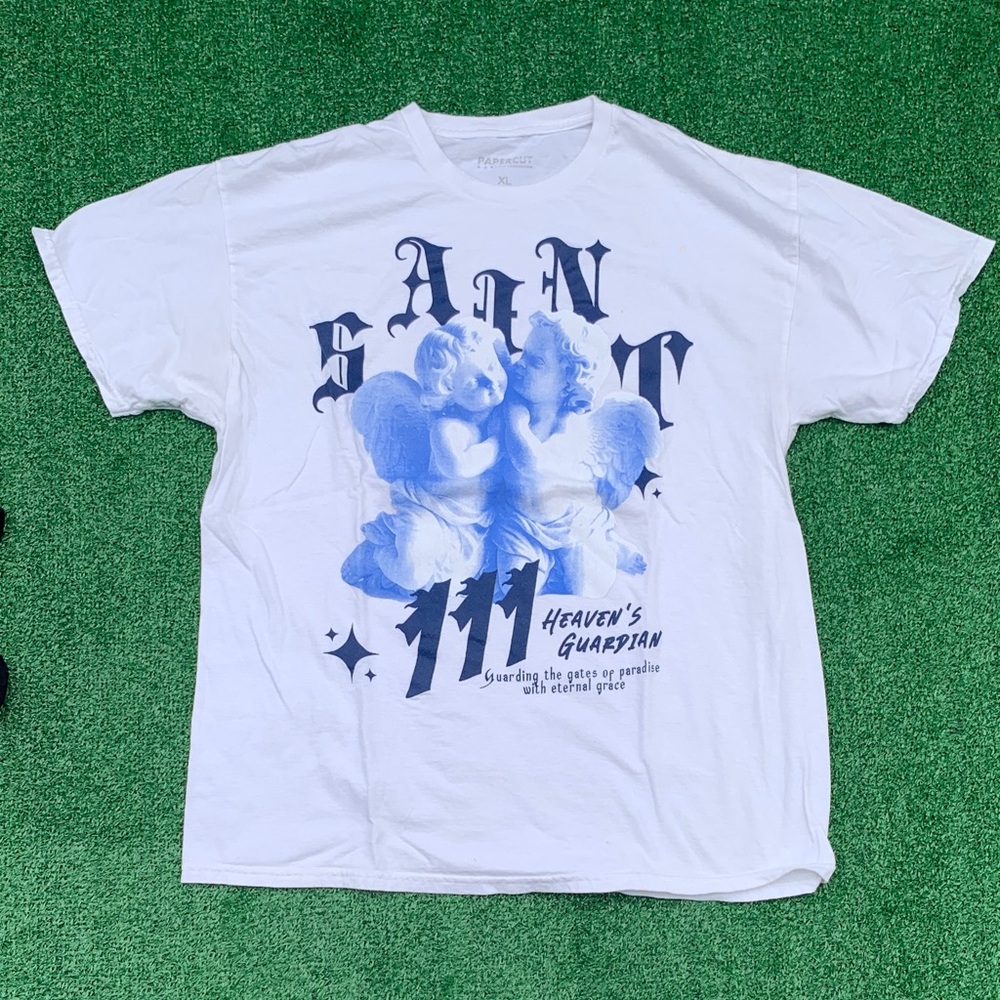 Saint Printed White Graphic Tee with Blue Artwork